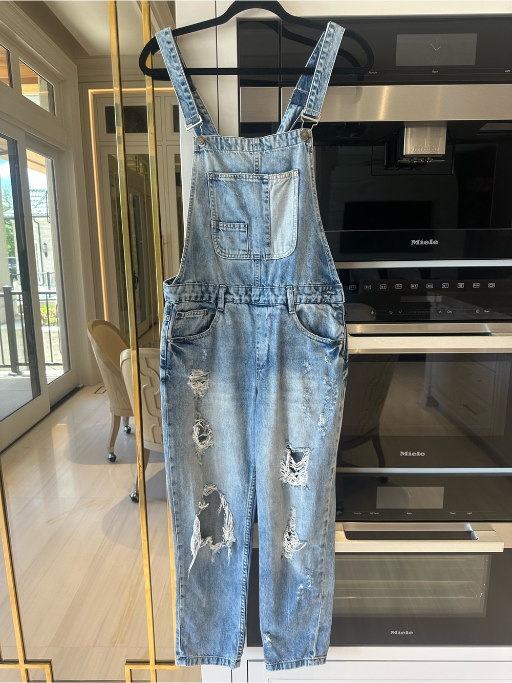 Zara Trafaluc Blue Light Wash Denim Distressed Boehmian Country Overalls- Size S - Picture 2 of 12